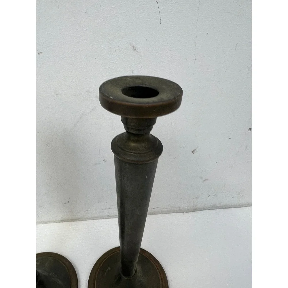 Vintage Arts & Crafts Metal Candlestick Holders Pair Tapered 9